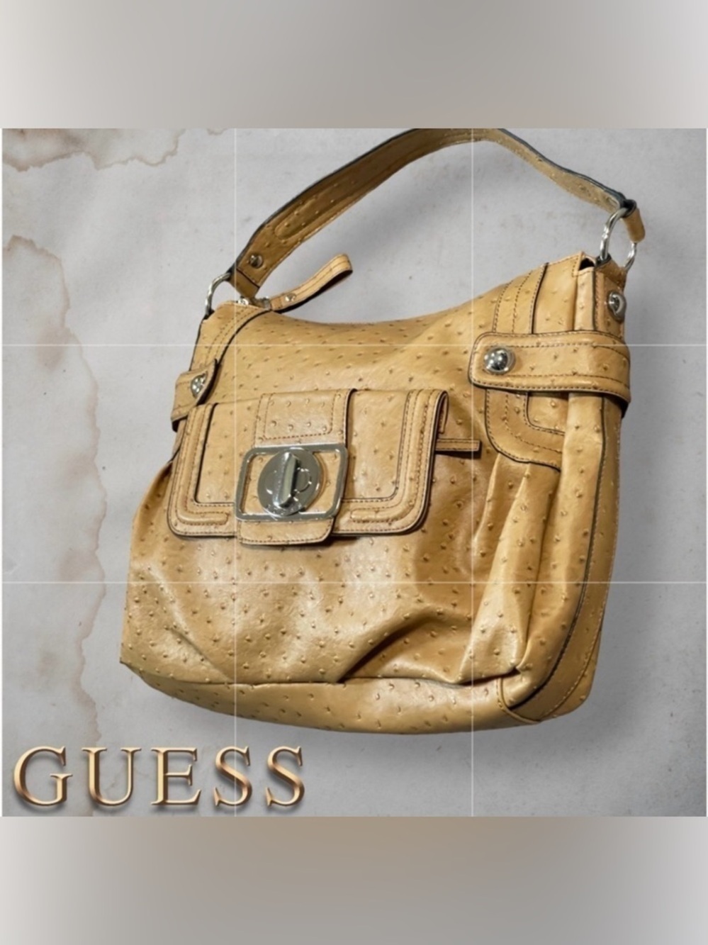 GUESS Enchanted Faux Ostrich Leather Tan and Silver Hobo Bag
